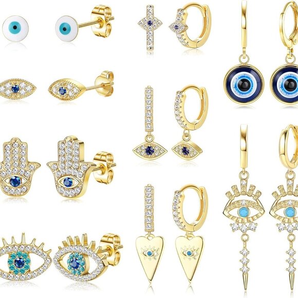 9 Pairs Evil Eye Earrings for Women 14k Silver Gold Plated Evil Eye Huggie Hoop - Picture 1 of 7